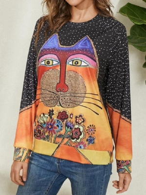 Kobiety Cartoon Cat Spot Print Okrągły Dekolt Codzienne Raglanowe Bluzki Z Rękawami