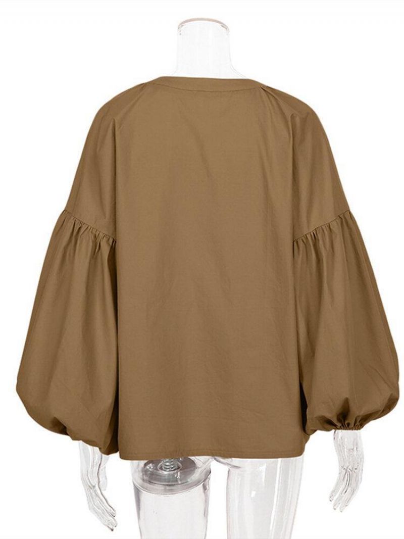 Puff Sleeve Codzienne Solid Color Button Up O-Neck Plisowana Stylowa Bluzka Dla Kobiet