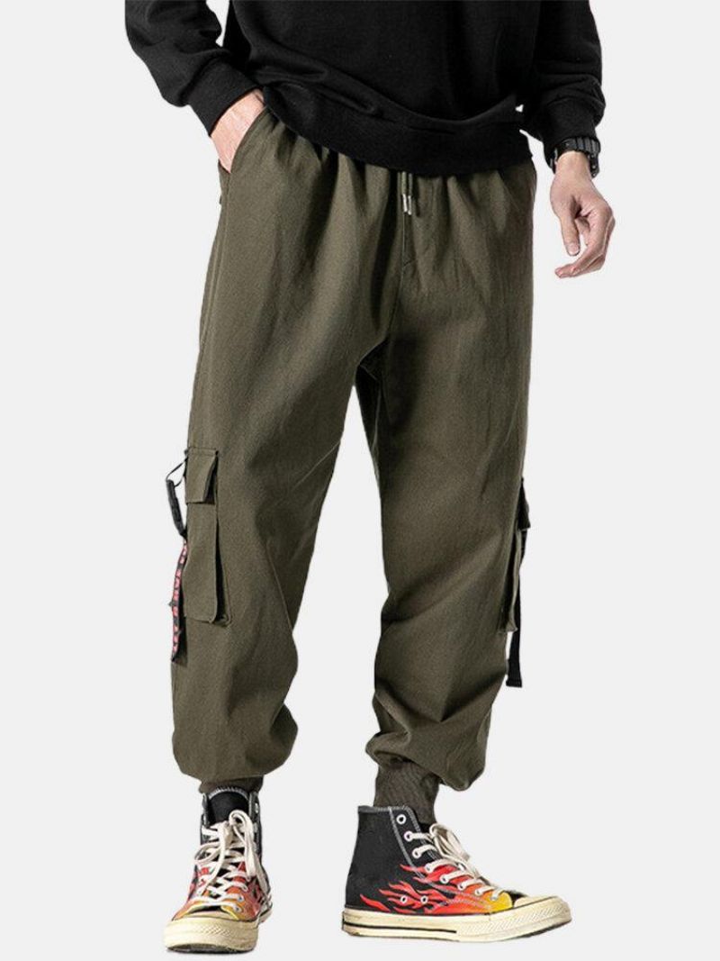 Męski Nadruk Z Kieszonką Z Zapięciem Na Klamrę Bawełniany Sznurek Z Mankietami Cargo Jogger Pants