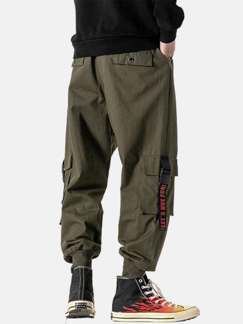 Męski Nadruk Z Kieszonką Z Zapięciem Na Klamrę Bawełniany Sznurek Z Mankietami Cargo Jogger Pants