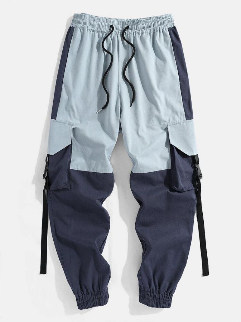 Męskie 100% Bawełniane Kontrastowe Kolorowe Szwy Snap Pocket Cargo Jogger Pants