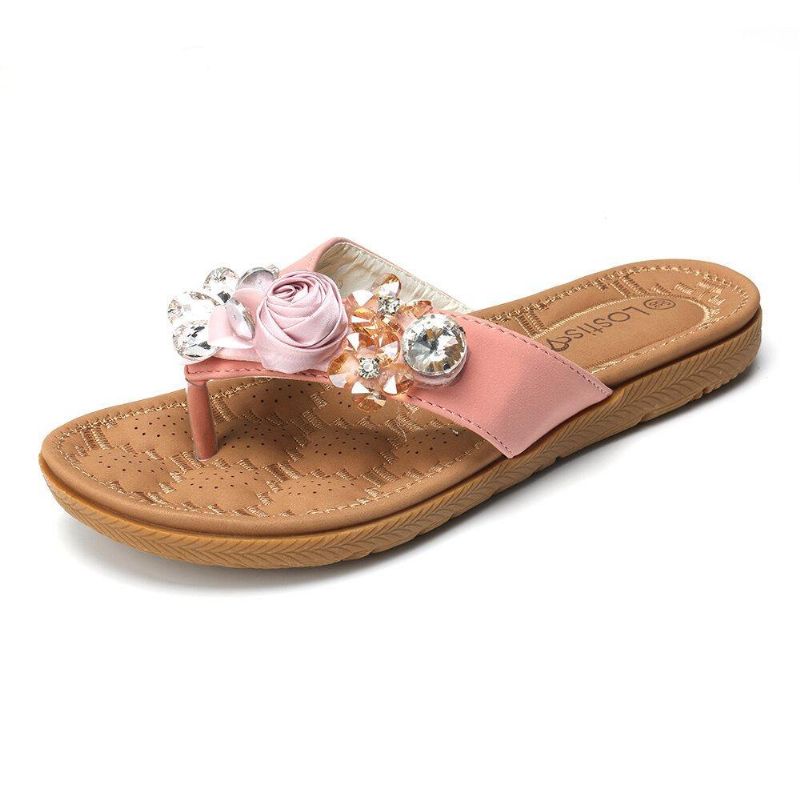 Kobiety Plażowe Kwiaty Rhinestone Klip Toe Kapcie