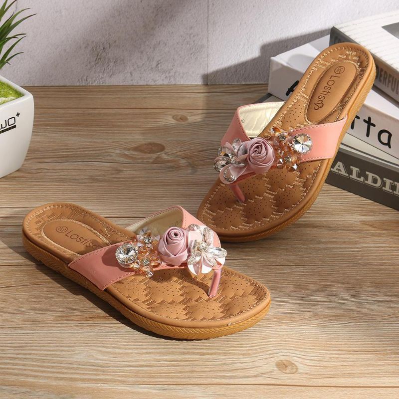 Kobiety Plażowe Kwiaty Rhinestone Klip Toe Kapcie