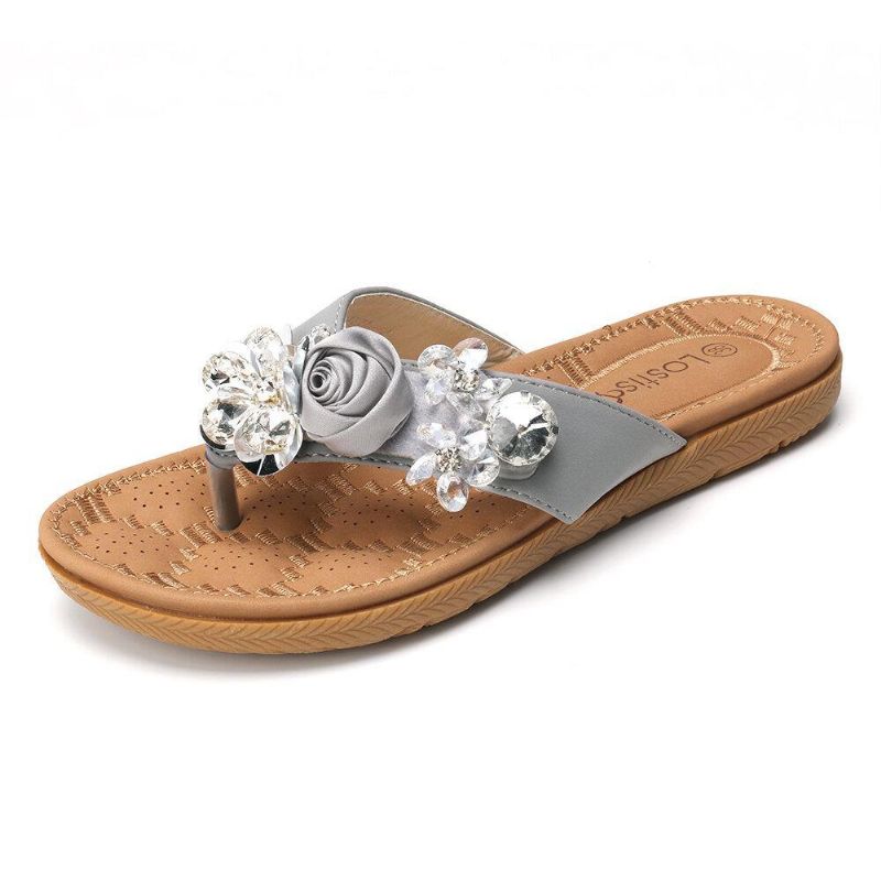 Kobiety Plażowe Kwiaty Rhinestone Klip Toe Kapcie