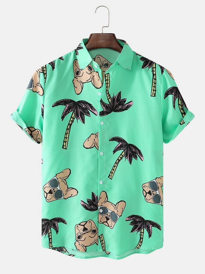 Męskie Koszule Hawaii Holiday Cartoon Dog & Coconut Tree Print