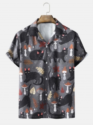 Męskie Koszule Street Cat & Mushroom Print Revere Collar