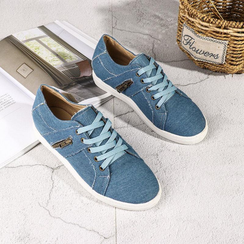 Plus Size Kobiety Retro Zipper Decor Canvas Lace Up Flat Codzienne Shoes