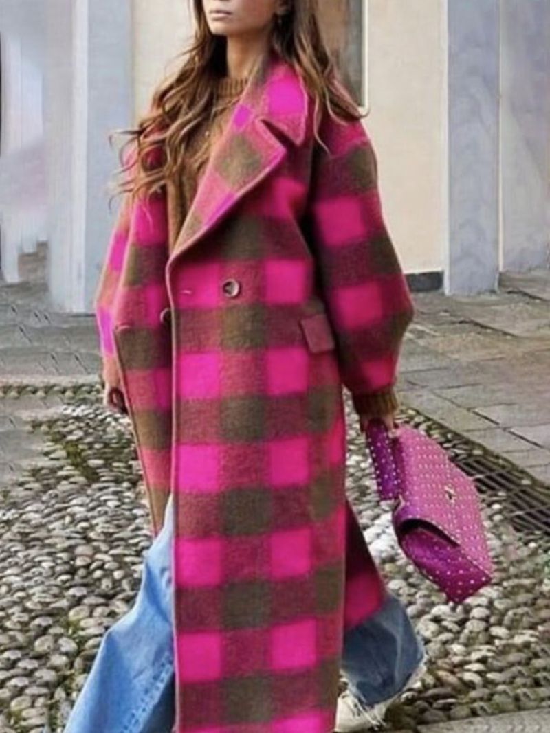 Codzienny Płaszcz Z Długim Rękawem Urban Plaid Lapel Collar Coat