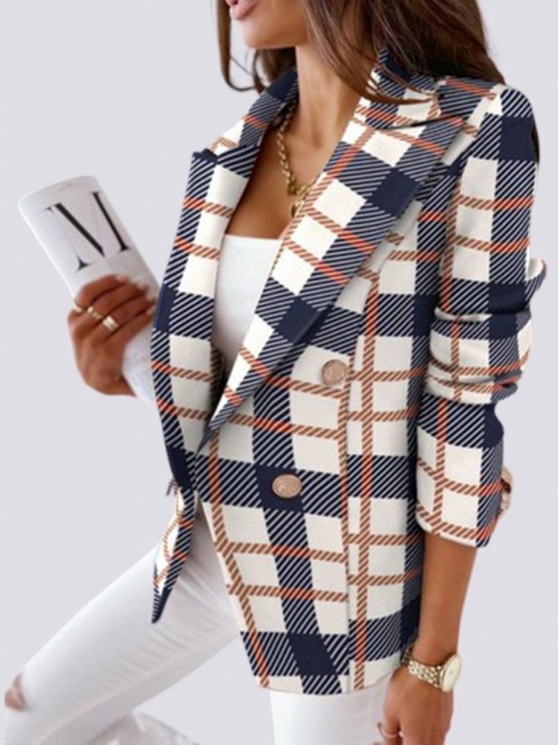 Work Plaid Lapel Collar Long Sleeve Double Breasted Blazer