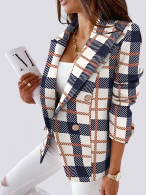 Work Plaid Lapel Collar Long Sleeve Double Breasted Blazer