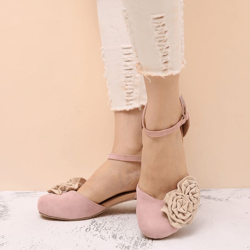 Kobiety Vintage Flower Decoration Okrągły Toe Ankle Strap Hook Loop Codzienne Obcasy Czółenka