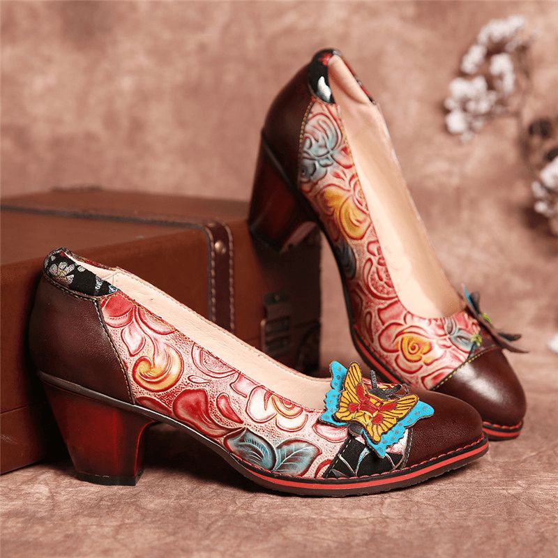 Vintage Butterfly Wytłaczane Kwieciste Skórzane Łączenie Przeszycia Slip-On Chunky Heel Pumps