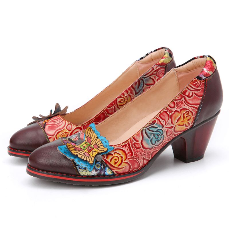 Vintage Butterfly Wytłaczane Kwieciste Skórzane Łączenie Przeszycia Slip-On Chunky Heel Pumps