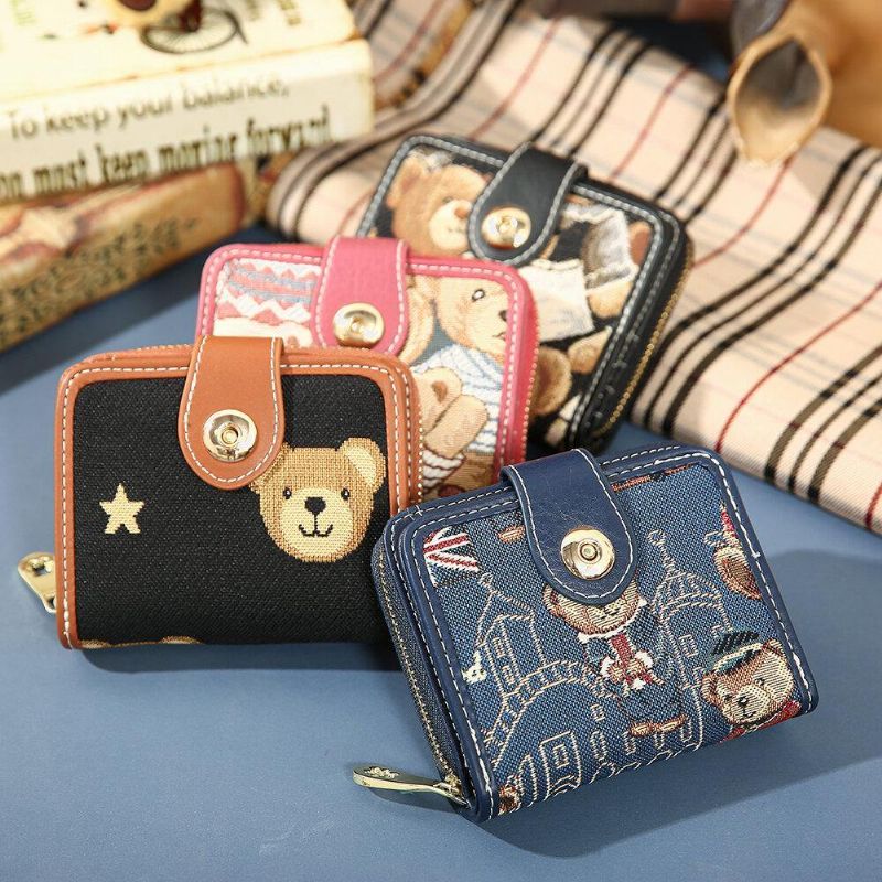 Damskie Bear Pattern 8 Miejsc Na Karty Zipper Purse Short Wallet