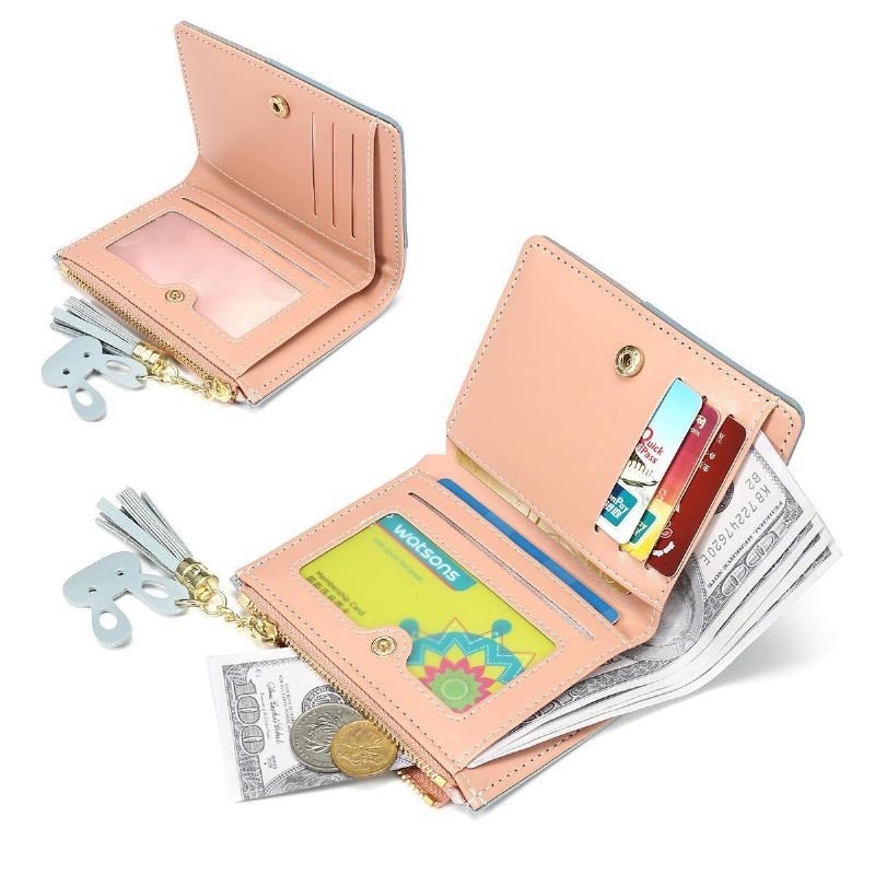 Frędzle Pu Leather Multi-Slots Short Money Bag Slim Card Holder Torebka Portfel Dla Kobiet I Pań Z Metalowymi Frędzlami W Kształcie Serca Wisiorek Prezent Bifold Clutch