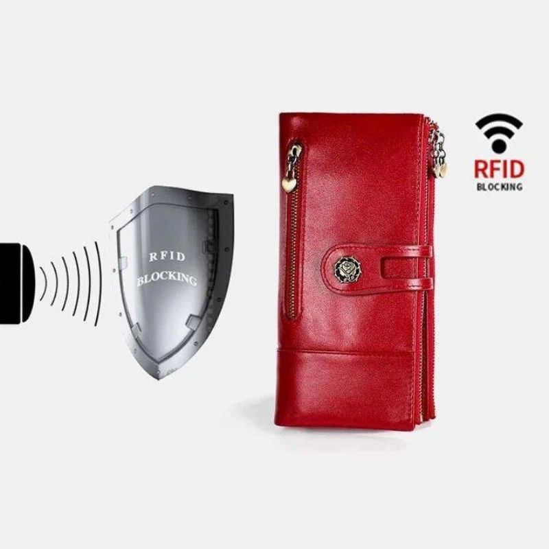 Kobiety Prawdziwa Skóra Rfid Antymagnetyczne Gniazda Z Wieloma Gniazdami 14 Gniazda Na Karty Zipper Bifold Długi Portfel