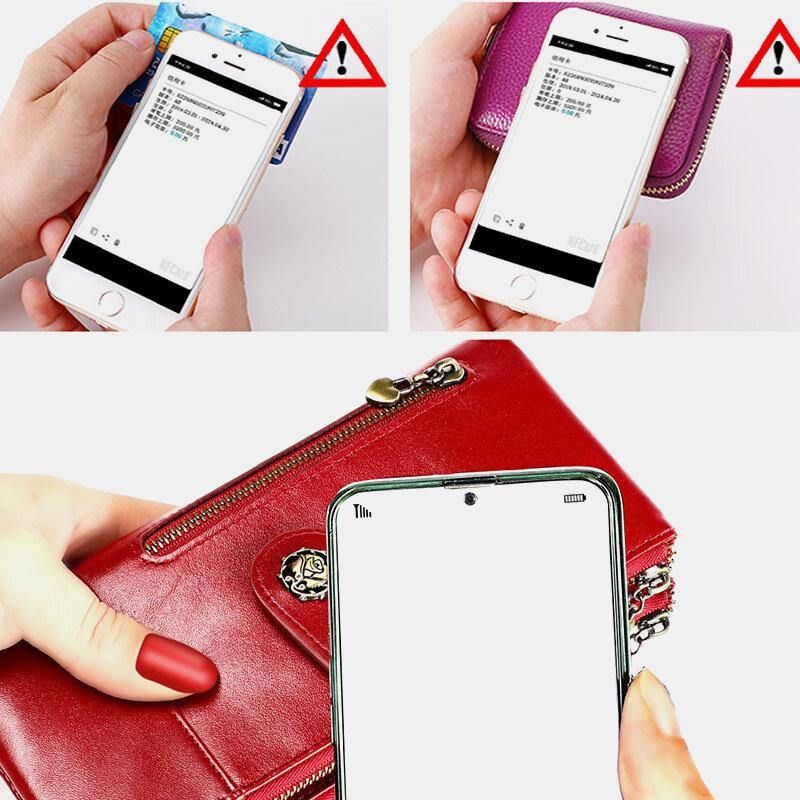 Kobiety Prawdziwa Skóra Rfid Antymagnetyczne Gniazda Z Wieloma Gniazdami 14 Gniazda Na Karty Zipper Bifold Długi Portfel