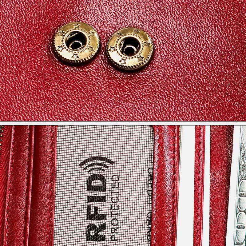 Kobiety Prawdziwa Skóra Rfid Antymagnetyczne Gniazda Z Wieloma Gniazdami 14 Gniazda Na Karty Zipper Bifold Długi Portfel