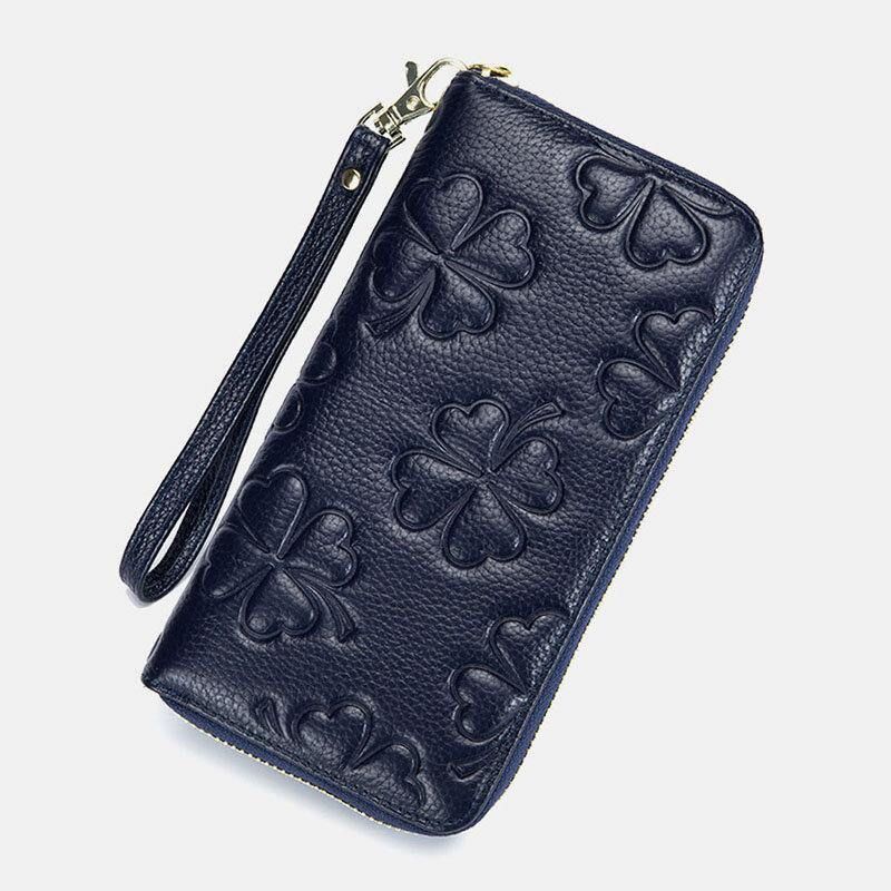 Kobiety Prawdziwa Skóra Rfid Clover Wzór Duża Pojemność Multi Card Slot Clutch Portmonetka Portfel Z Uchwytem Na Karty