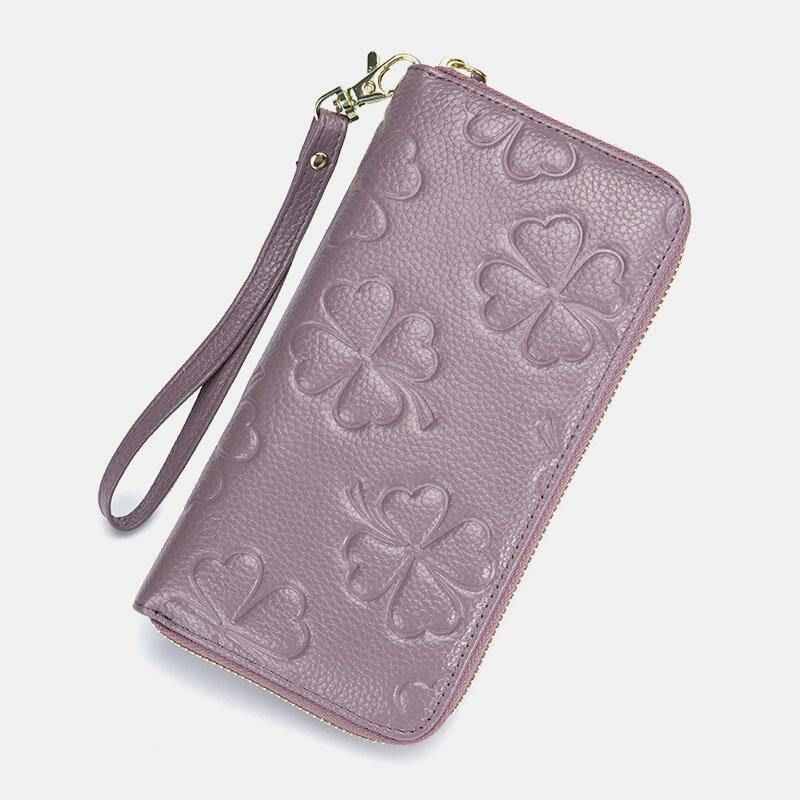 Kobiety Prawdziwa Skóra Rfid Clover Wzór Duża Pojemność Multi Card Slot Clutch Portmonetka Portfel Z Uchwytem Na Karty