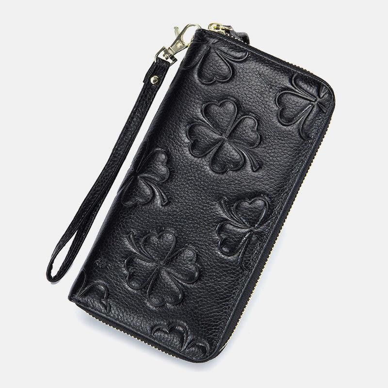 Kobiety Prawdziwa Skóra Rfid Clover Wzór Duża Pojemność Multi Card Slot Clutch Portmonetka Portfel Z Uchwytem Na Karty