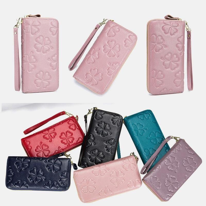 Kobiety Prawdziwa Skóra Rfid Clover Wzór Duża Pojemność Multi Card Slot Clutch Portmonetka Portfel Z Uchwytem Na Karty