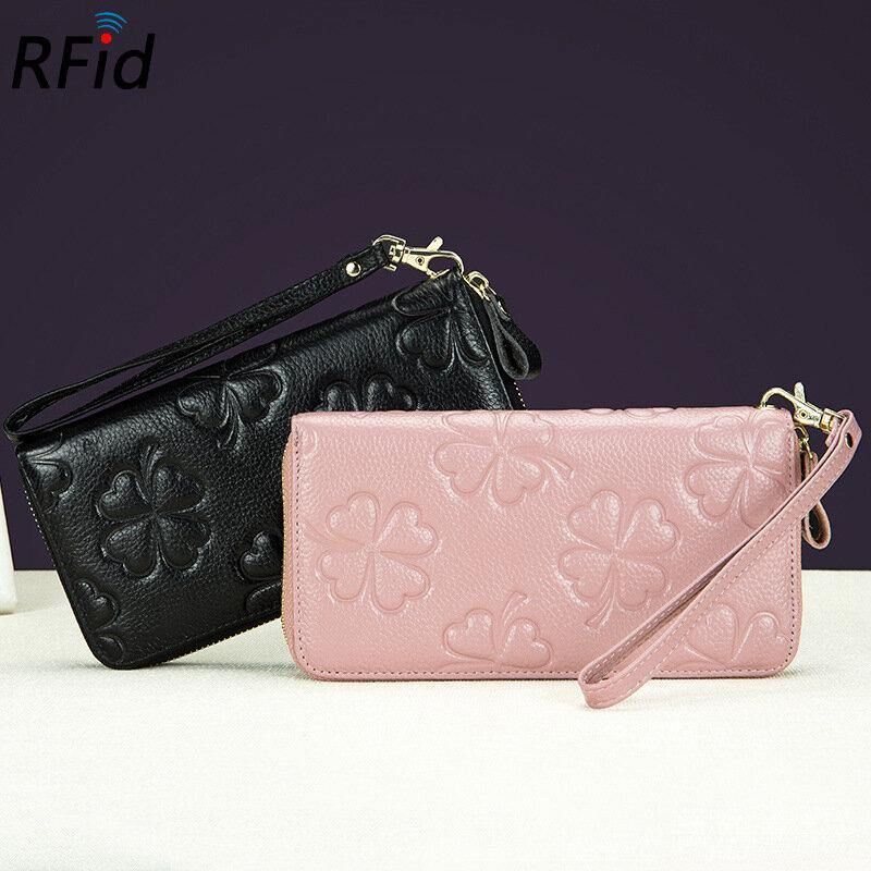 Kobiety Prawdziwa Skóra Rfid Clover Wzór Duża Pojemność Multi Card Slot Clutch Portmonetka Portfel Z Uchwytem Na Karty