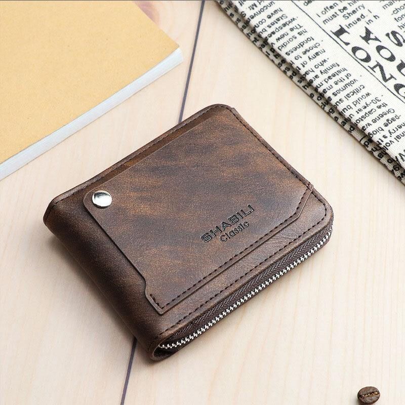 Męski Faux Leather Retro Klasyczny Draw Slot Bifold Zipepr Card Holder Portfel