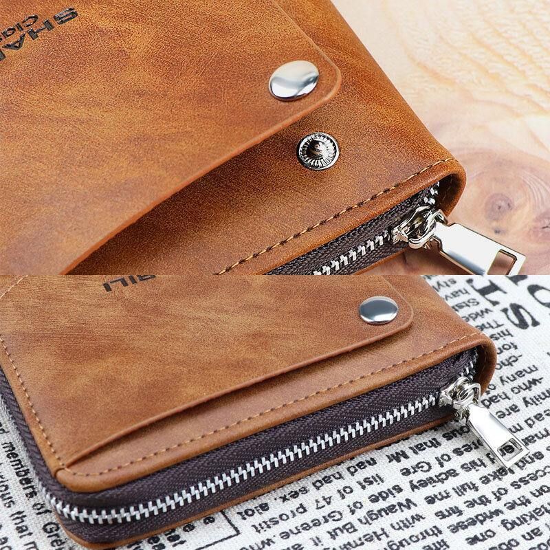 Męski Faux Leather Retro Klasyczny Draw Slot Bifold Zipepr Card Holder Portfel