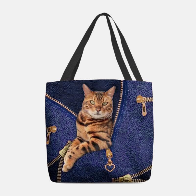 Damskie Canvas Cute 3D Trójwymiarowa Wizja Cat Pattern Torba Na Ramię Torebka Tote