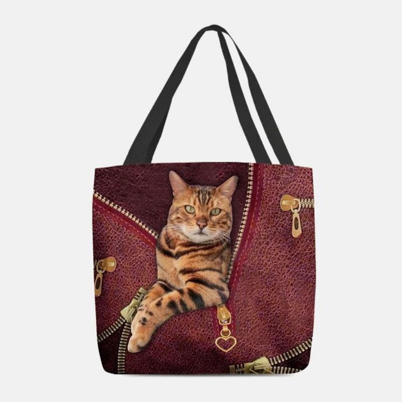 Damskie Canvas Cute 3D Trójwymiarowa Wizja Cat Pattern Torba Na Ramię Torebka Tote