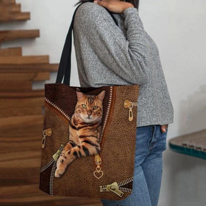 Damskie Canvas Cute 3D Trójwymiarowa Wizja Cat Pattern Torba Na Ramię Torebka Tote