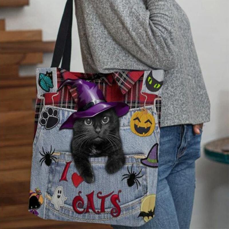 Damskie Canvas Magic Hat Trójwymiarowy 3D Cute Black Cat Torebka Torba Na Ramię Na Ramię