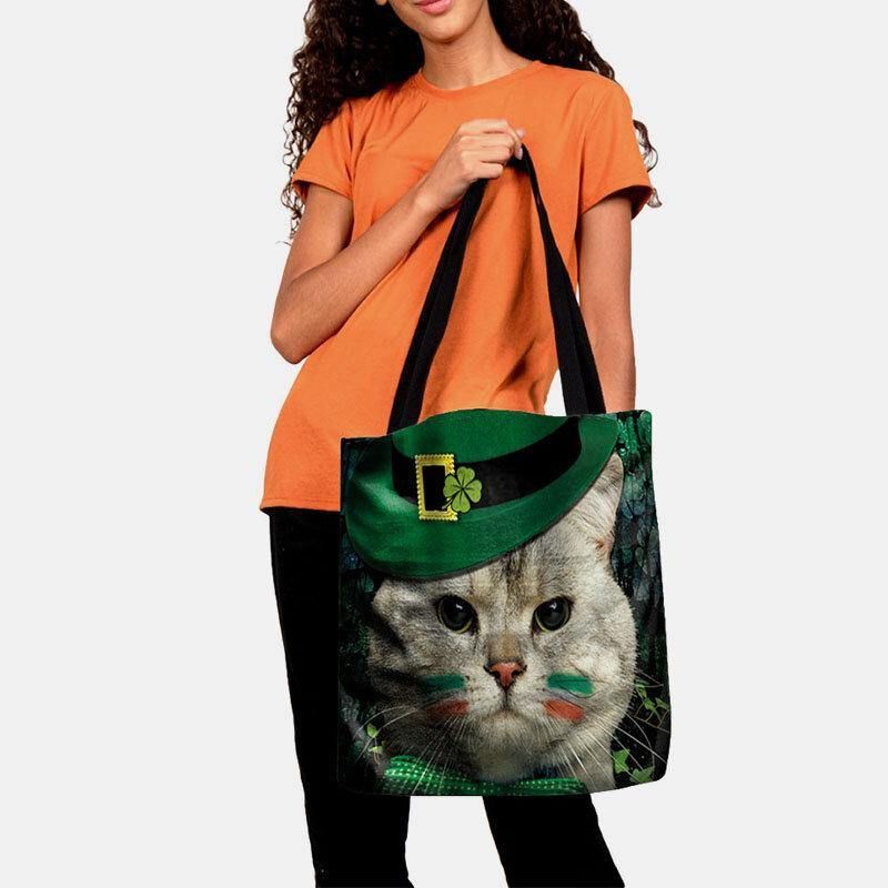 Damskie Clover Cat Pattern Print Happy St Patrick Day Torba Na Ramię Torebka Tote