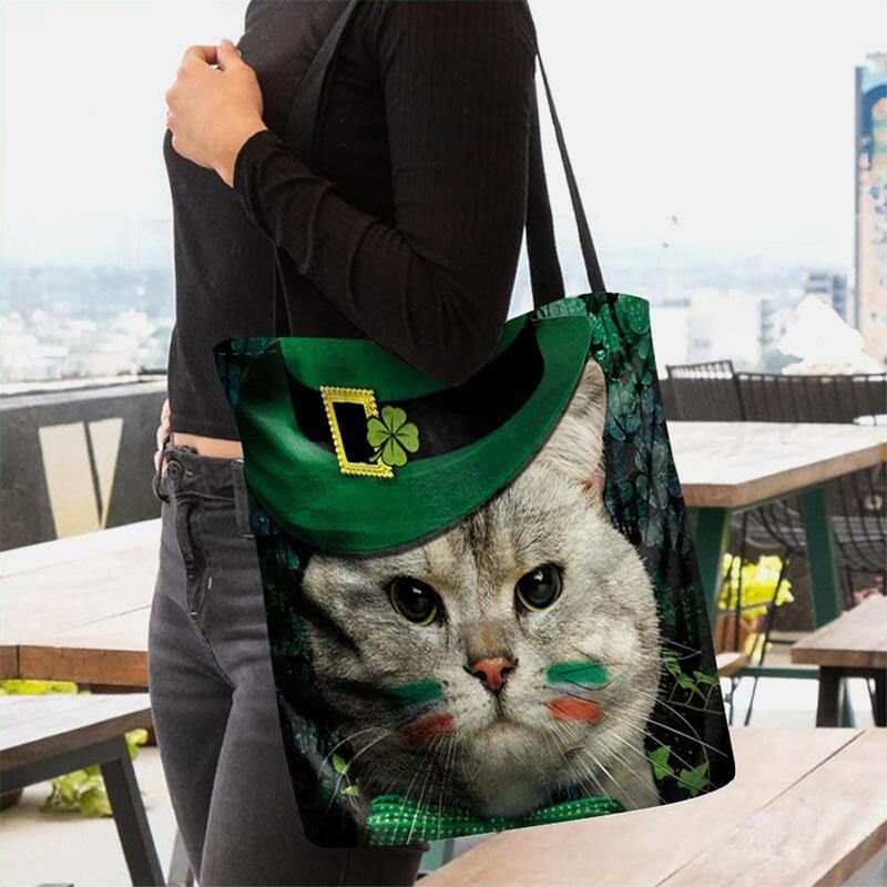 Damskie Clover Cat Pattern Print Happy St Patrick Day Torba Na Ramię Torebka Tote