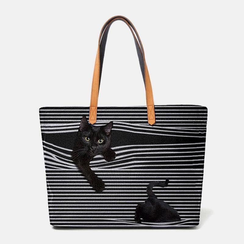 Kobiety Canvas Duża Pojemność Stripe Trójwymiarowy Cartoon Cute Cat Torebka Torba Na Ramię Tote