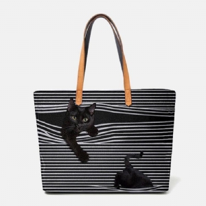 Kobiety Canvas Duża Pojemność Stripe Trójwymiarowy Cartoon Cute Cat Torebka Torba Na Ramię Tote