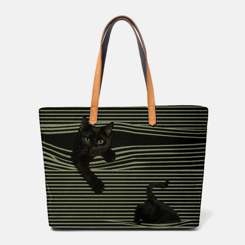 Kobiety Canvas Duża Pojemność Stripe Trójwymiarowy Cartoon Cute Cat Torebka Torba Na Ramię Tote