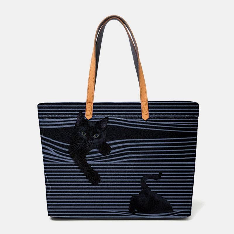 Kobiety Canvas Duża Pojemność Stripe Trójwymiarowy Cartoon Cute Cat Torebka Torba Na Ramię Tote