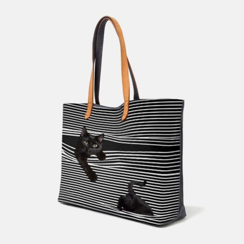 Kobiety Canvas Duża Pojemność Stripe Trójwymiarowy Cartoon Cute Cat Torebka Torba Na Ramię Tote