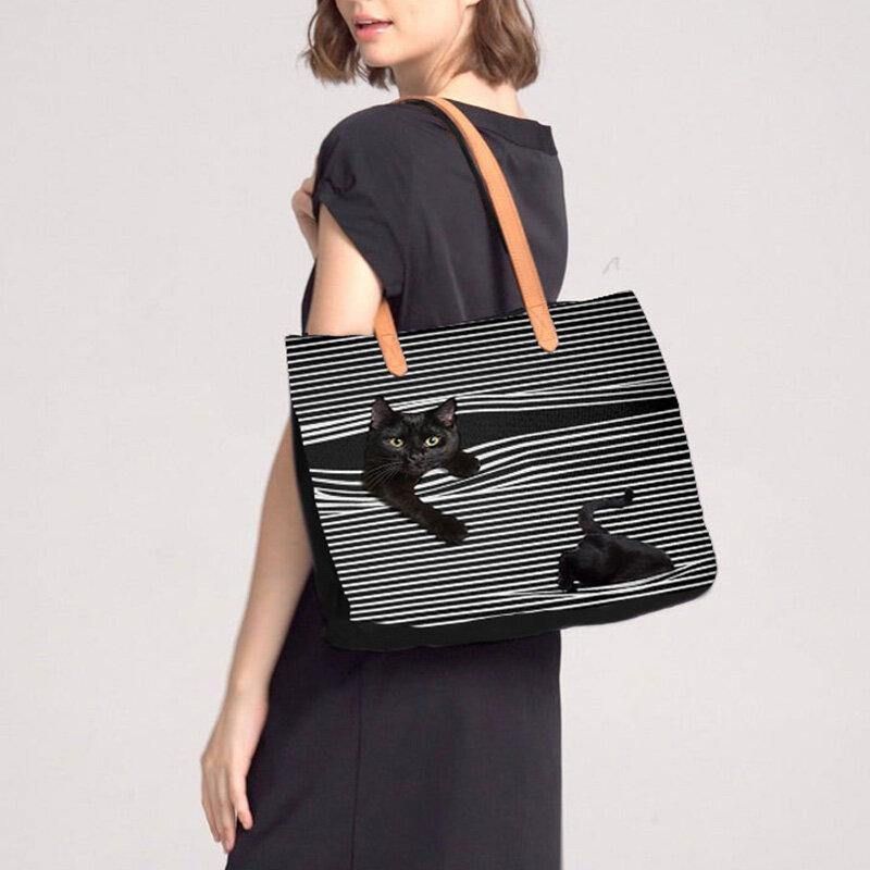 Kobiety Canvas Duża Pojemność Stripe Trójwymiarowy Cartoon Cute Cat Torebka Torba Na Ramię Tote