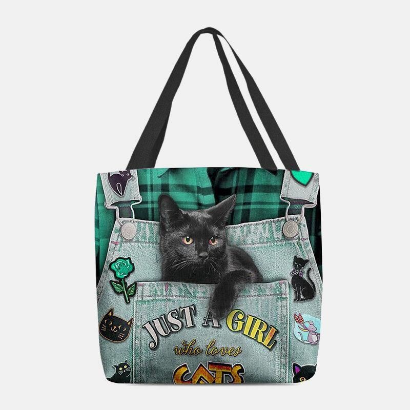 Kobiety Canvas Trójwymiarowy 3D Cute Black Cat Torebka Torebka Na Ramię