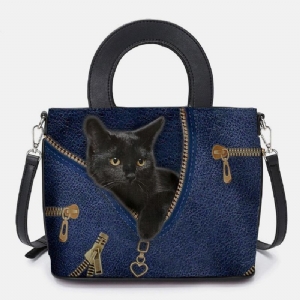 Kobiety Faux Leather Cartoon Black Cat Pattern Multi-Carry Torebka Torba Crossbody Torba Na Ramię