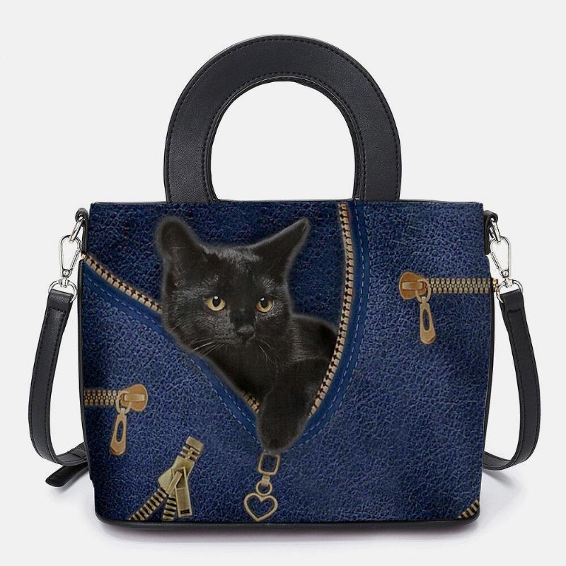 Kobiety Faux Leather Cartoon Black Cat Pattern Multi-Carry Torebka Torba Crossbody Torba Na Ramię