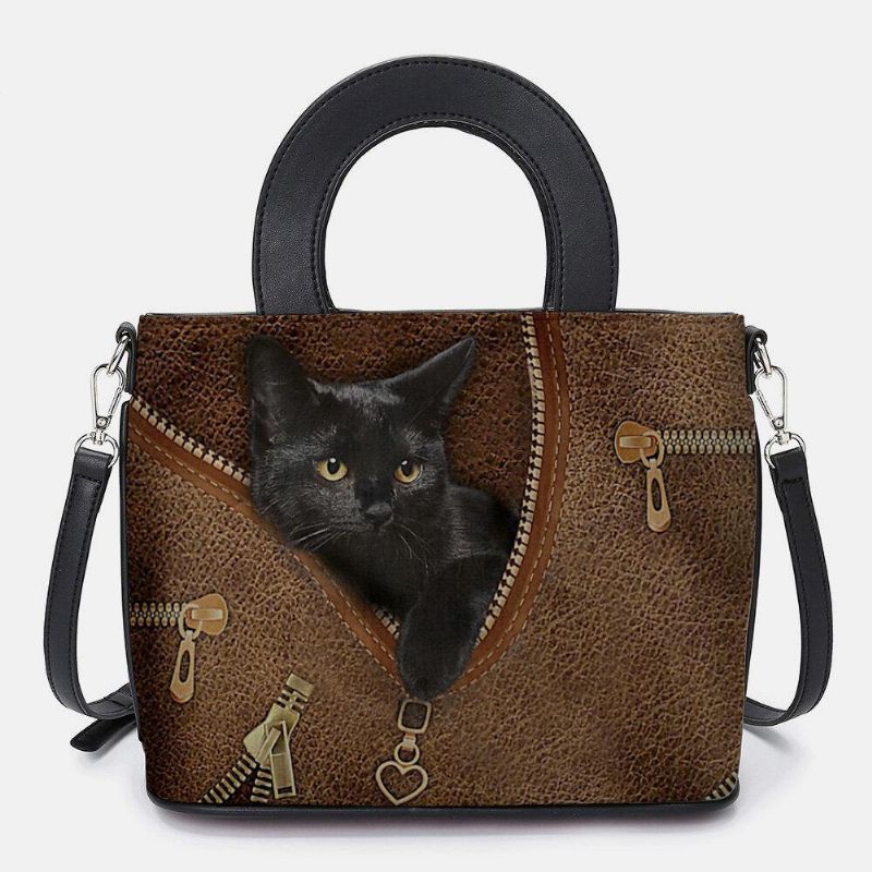 Kobiety Faux Leather Cartoon Black Cat Pattern Multi-Carry Torebka Torba Crossbody Torba Na Ramię