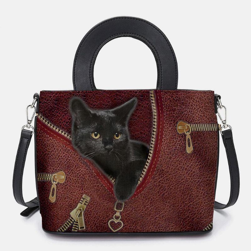 Kobiety Faux Leather Cartoon Black Cat Pattern Multi-Carry Torebka Torba Crossbody Torba Na Ramię