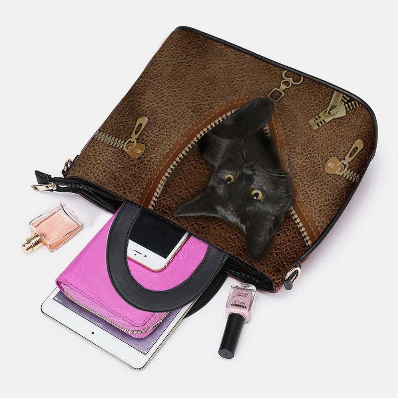 Kobiety Faux Leather Cartoon Black Cat Pattern Multi-Carry Torebka Torba Crossbody Torba Na Ramię