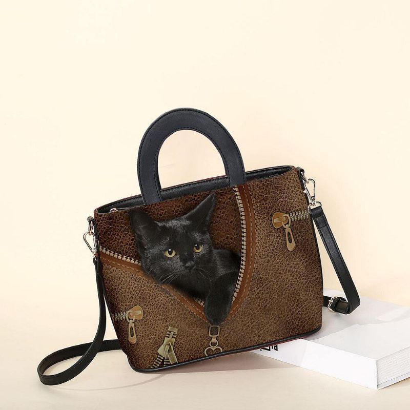 Kobiety Faux Leather Cartoon Black Cat Pattern Multi-Carry Torebka Torba Crossbody Torba Na Ramię