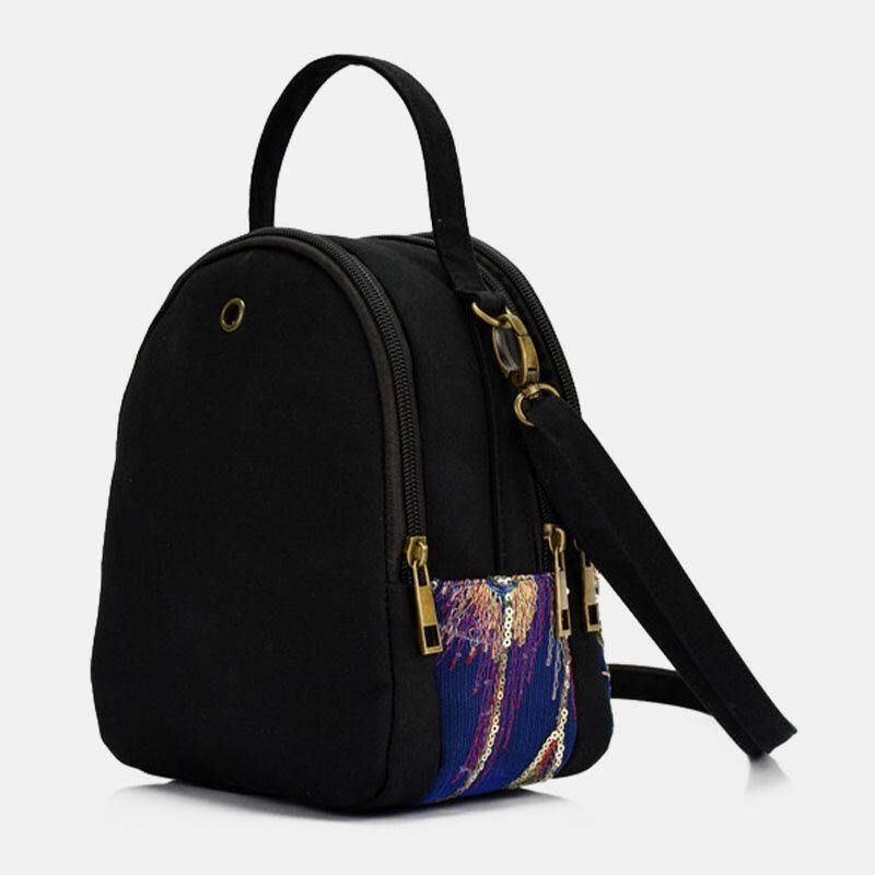 Kobiety Płótno Etniczne Hafty Pawie Wzór Cekiny Mini Torebka Multi-Carry Crossbody Bag