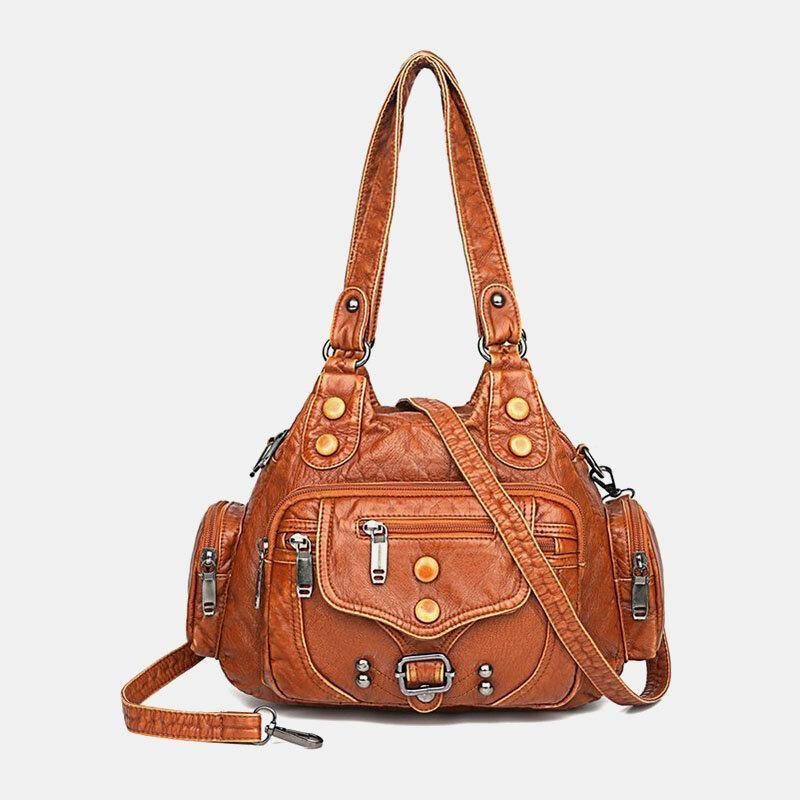 Kobiety Pu Leather Duża Pojemność Multi-Pocket Nit Dekoracja Retro Soft Torebki Torebki Crossbody